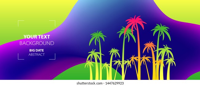 Neon abstract set summer background universal art template. Landscape with palm trees