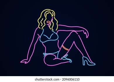 Neon abstract stripper sitting on floor. Linear glowing woman in lingerie and high heels strip bar symbol with hot erotic dances and attractive sexy vector girls