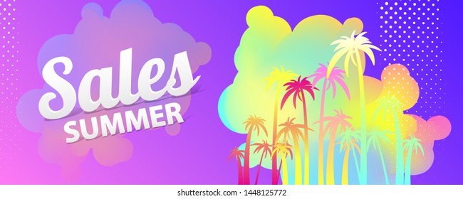 Neon abstract summer background universal art template. Landscape with palm trees
