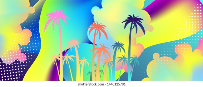Neon abstract summer background universal art template. Landscape with palm trees