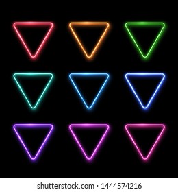 Neon abstract triangle. Colorful glowing frame set. Vintage electric symbol. Burning pointer collection on black background. Club bar cafe design element for ad sign poster banner. Vector illustration