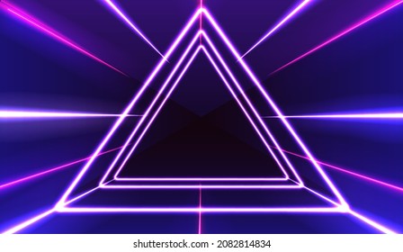 Neon Abstract Triangle. Glowing Frame. Vintage Electric Symbol. Burning A Pointer To A Black Wall In A Club, Bar Or Cafe. Design Element For Your Ad, Sign, Poster, Banner. Vector Illustration