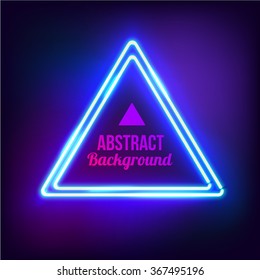 Neon abstract triangle. Glowing frame. Vintage electric symbol. Burning a pointer to a black wall in a club, bar or cafe. Design element for your ad, sign, poster, banner. Vector illustration