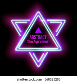Neon abstract triangle. Glowing frame. Vintage electric symbol. Burning a pointer to a black wall in a club, bar or cafe. Design element for your ad, sign, poster, banner. Vector illustration