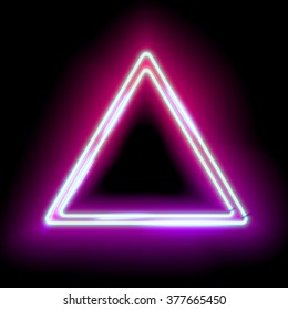 Neon Abstract Triangle. Glowing Frame. Vintage Electric Symbol. Burning A Pointer To A Black Wall In A Club, Bar Or Cafe. Design Element For Your Ad, Sign, Poster, Banner. Vector Illustration