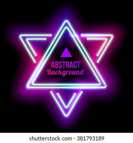 Neon abstract triangle. Glowing frame. Vintage electric symbol. Burning a pointer to a black wall in a club, bar or cafe. Design element for your ad, sign, poster, banner. Vector illustration