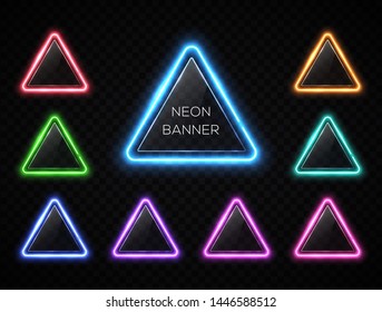Neon abstract triangle set. Glowing led or halogen lamp line frame collection. Burning pointer on transparent background. Design element for night club bar cafe sign poster banner vector illustration.