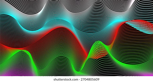 Fondo de línea de onda Abstractas de neón: líneas curvas de degradado verde y púrpura vibrantes en negro, forma de flujo futurista para música, Tecnología, fiesta, arte digital, Anuncio y Fondo de pantalla