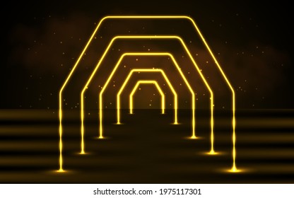 Neon abstract yellow background with geometric shapes and clouds