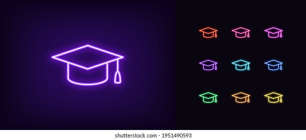 Neon academic hat icon. Glowing neon education sign, outline mortarboard pictogram in vivid colors. Online education and learning, academy and university, master degree, MBA. Vector icon set, sign