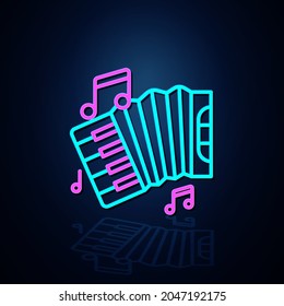 Neon accordion instrument and note icon on. Neon line icon. Entertainment and karaoke music icon. neon icon.