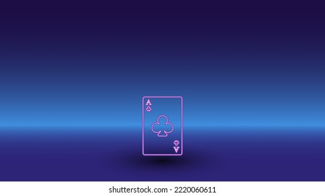 Neon ace of clubs symbol on a gradient blue background. The isolated symbol is located in the bottom center. Gradient blue with light blue skyline