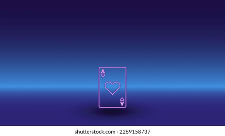 Neon ace of heart symbol on a gradient blue background. The isolated symbol is located in the bottom center. Gradient blue with light blue skyline