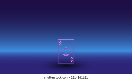 Neon Ace Of Spades Symbol On A Gradient Blue Background. The Isolated Symbol Is Located In The Bottom Center. Gradient Blue With Light Blue Skyline