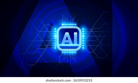 Neon AI chip with digital connections, core role of artificial intelligence in business automation and financial processing. Vector illustration. Concept of innovation, futurism, machine learning