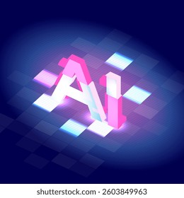 neon "AI" typography glowing in pink and white, set against a futuristic digital grid with blue and purple lighting effects, creating a cyber-tech aesthetic.