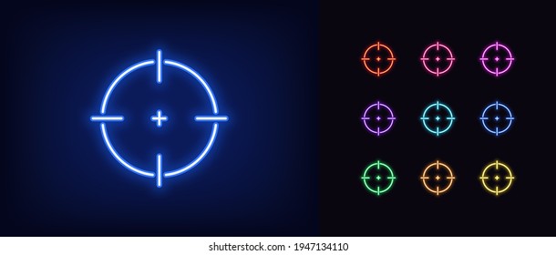 Neon aim icon. Glowing neon target sign, outline crosshair silhouette in vivid colors. Accurate aim, target audience, sniper aiming and hunt, exact search. Vector icon set, sign, symbol for UI
