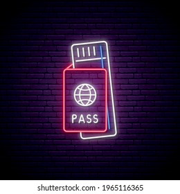 Neon air tickets sign. Glowing banner with neon boarding pass icon. Turistic concept. Vector illustration in neon style.