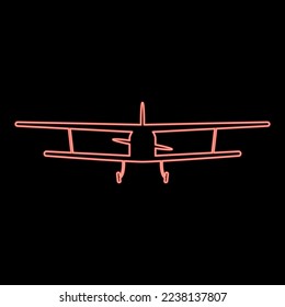 Neon airplane view with front Light aircraft civil Flying machine red color vector illustration image flat style light