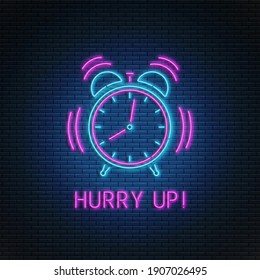 Neon alarm clock. Ringing clock. Hurry up background. Led timer on brick wall. Vector illustration. Glowing watch. Fluorescent design. Time concept.