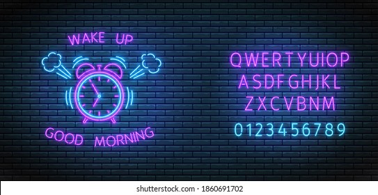 Neon alarm clock. Ringing clock with illuminated font. Good morning and wake up concept. Vector. Led light illustration. Purple timer on brick wall. Fluorescent design.
