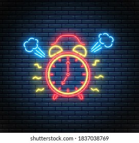 Neon alarm clock. Ringing clock. Time concept. Led timer on brick wall. Vector illustration. Glowing watch. Fluorescent design.