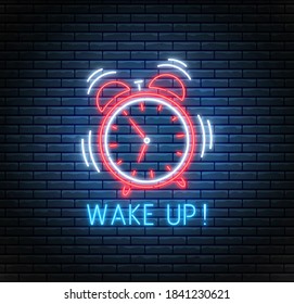 Neon alarm clock. Ringing clock. Wake up background. Led timer on brick wall. Vector illustration. Glowing watch. Fluorescent design. Time concept.