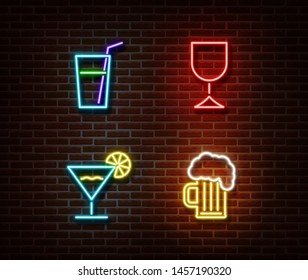 Neon alcohol drinks signs vector isolated on brick wall. Coctail light symbol, decoration effect. Neon drinks  illustration.