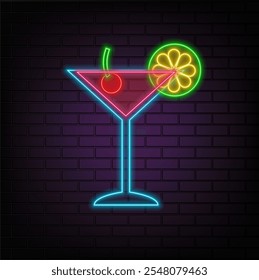 Neon alcohol drinks signs vector isolated on brick wall. Coctail light symbol, decoration effect. Neon drinks illustration.
