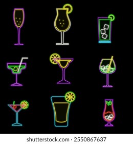 Neon alcohol drinks signs vector isolated on brick wall. Coctail light symbol, decoration effect. Neon drinks illustration..