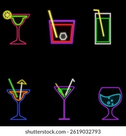 Neon alcoholic drinks sign isolated vector. Cocktails neon icon set. Cocktail light symbol, decoration effect. Neon drinks illustration..