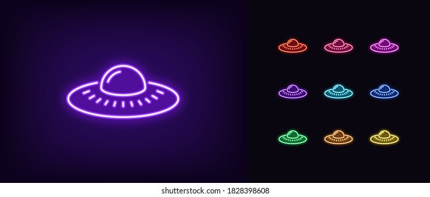 Neon alien UFO, glowing icon. Neon alien spacecraft, UFO spaceship in vivid colors. Space invasion, martian ship, unidentified flying object. Icon set, sign, symbol for UI. Vector illustration