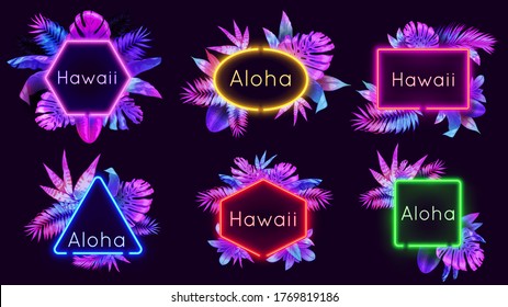 Neon aloha badges. Hawaii palm trees leaves with neon lights, summer banner frame with tropical plants vector illustration set. Neon tag badge, light lettering graphic, bright monstera electric