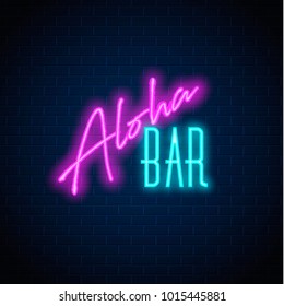 Neon aloha bar sign. Vector glowing beer, cocktail night club decoration signage. Electric bulb vintage retro banner, poster template design. nightclub drink logo illustration on brick background.