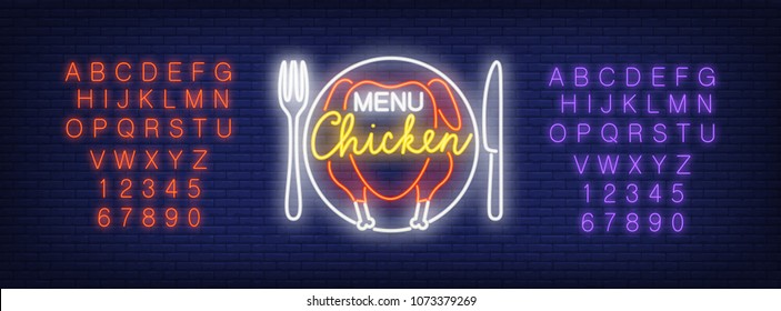 Neon alphabet and chicken on plate with Menu Chicken lettering over blue brick background. Restaurant, food store, roadside cafe. Advertisement concept. For signboards, template design, banners
