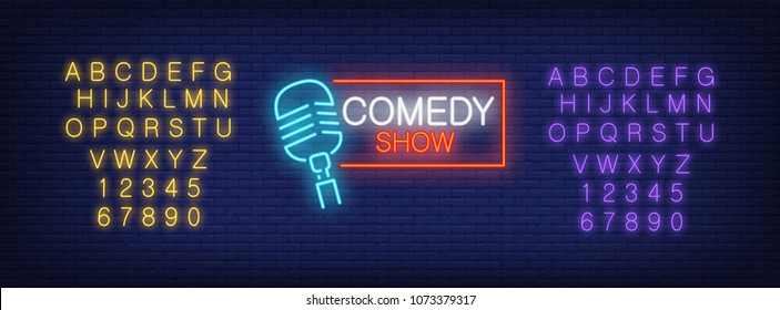 Neon Alphabet And Comedy Show Lettering With Mike In Frame On Brick Background. Show, Nightclub, Comedy Club. Advertisement Concept. For Signboards, Template Design, Banners