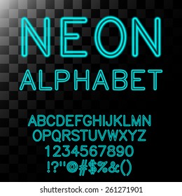 Neon alphabet in cyan color. Glowing font for design. Vector illustration.