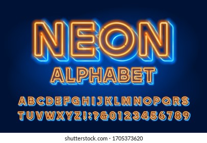 Neon alphabet font. 3D effect neon light letters and numbers. Stock vector typescript for your design.