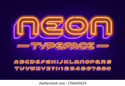 Neon alphabet font. 3D effect modern neon light letters and numbers. Stock vector typeface for your design.