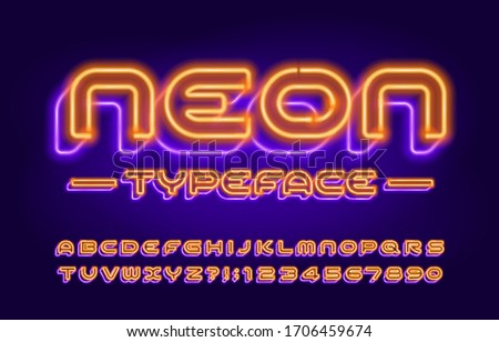 Neon alphabet font. 3D effect modern neon light letters and numbers. Stock vector typeface for your design.