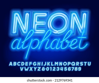 Neon alphabet font. 3D neon letters, numbers and symbols. Stock vector typescript for your design.