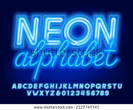 Neon alphabet font. 3D neon letters, numbers and symbols. Stock vector typescript for your design.