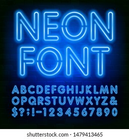 Neon Alphabet Font. Blue Neon Light Bulb Letters And Numbers On Brick Wall Background. Stock Vector Typeface For Your Typography Design.