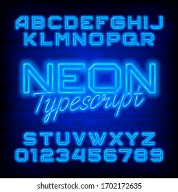 Neon alphabet font. Blue neon light letters and numbers. Dark brick wall background. Stock vector typescript for your design.