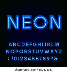 Neon alphabet font. Blue light effect letters and numbers on the dark background. Vector typography for labels, titles, posters etc.