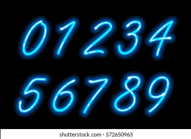 Neon alphabet font in blue numbers