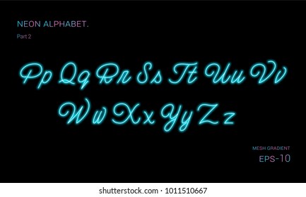 Neon alphabet font. Blue neon font. Vector illustration.