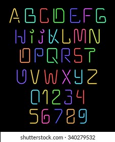 Neon alphabet font. Bright shiny electric letter and number with light effects. Festive, fascinating, futuristic abc for decoration and design