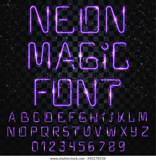 ネオンアルファベットのフォント 明るく輝く文字 電気文字 明るい効果と数字 飾りやデザインのお祭り的で魅力的で未来的なabc のベクター画像素材 ロイヤリティフリー