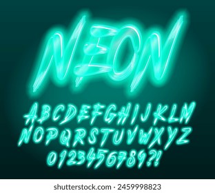 Neonalphabet-Schriftart. Leuchtende Neonpinsel Strich Buchstaben und Zahlen. Stock Vektorgrafik TypeScript für Ihr Design.